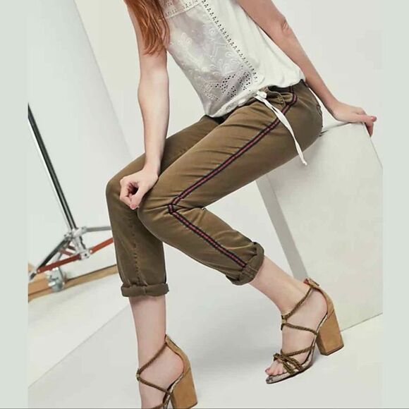 Anthropologie Chino Relaxed Fit Tuxedo Stripe Pattern Military Green Pants - Picture 1 of 9